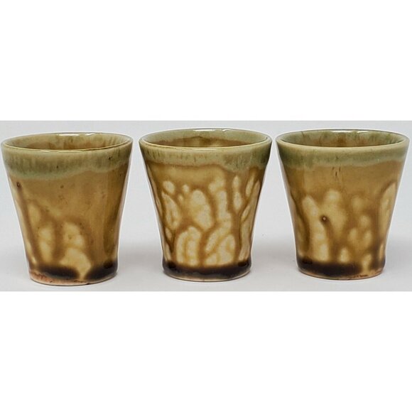 Drip Glaze Ceramic Shot Glasses Set of 3 Gold Yellow Japan 1.75" tall Vintage - Picture 2 of 7
